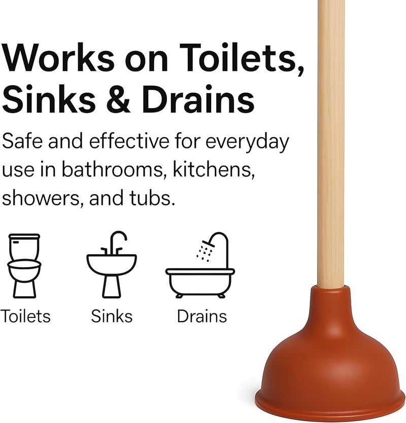 Bexter 19-Inch Toilet Plunger, Pack of 2 – Wooden Handle & Heavy-Duty Rubber Cup for Toilets, Sinks & Drains – Auburn - Image 4